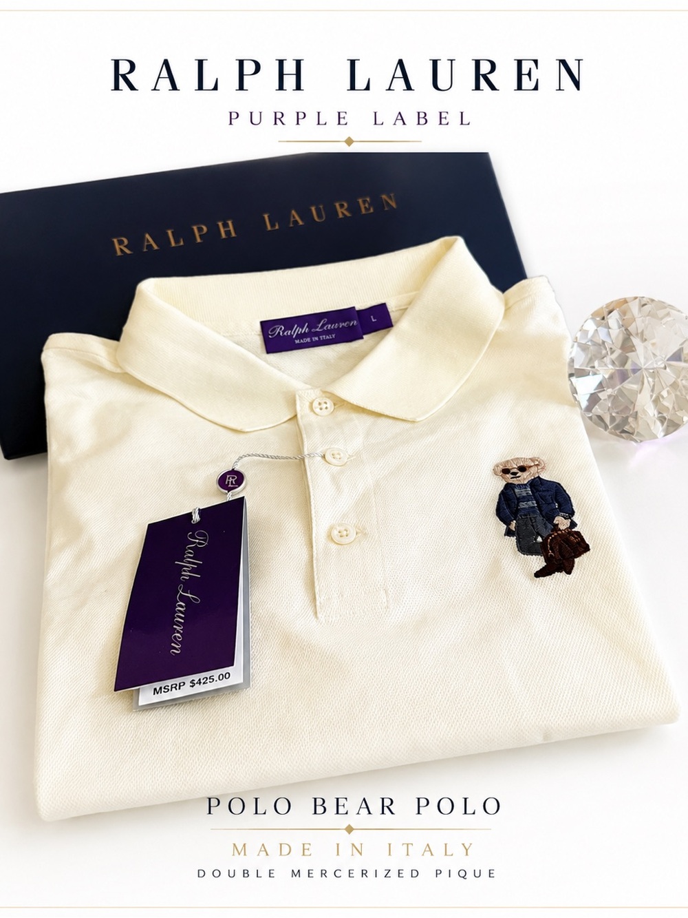 Ralph Lauren Purple Label Polo Bear Double Mercerized Pique Cream Men’s L NWT